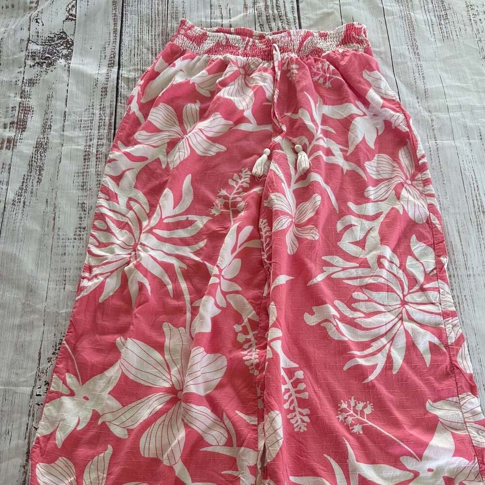 Pink Tropical Floral Wide Leg Beach Pants Boho Resort Vacation Cover Up Size M